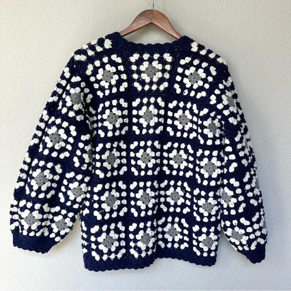 Granny Square Vintage Crocheted Cardigan Balloon Sleeves S-L - Picture 2 of 10